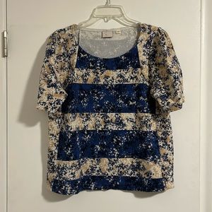 Short sleeve Anthropologie top. Blue, beige, white.